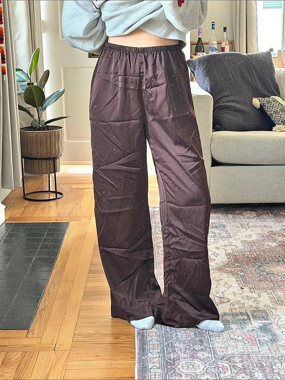 A New Day Women's Mid-Rise Satin Pull-On Pants Brown Medium